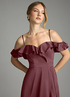 Azazie Lyra Bridesmaid Dresses Sangria A-Line Off the Shoulder Stretch Satin Convertible Dress image11