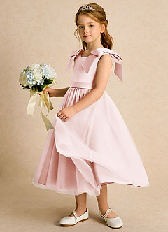 Azazie Serene Robe Demoiselle D'honneur Fillette Robe Princesse en Mat Satiné Arc Rose Pâle image2