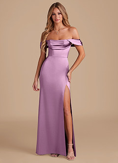 Azazie Saige Bridesmaid Dresses Wisteria A-Line Off the Shoulder Metallic Satin Convertible Dress image5