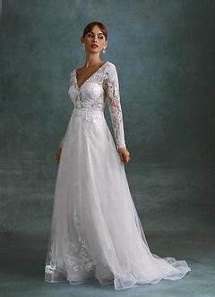 Azazie Leila Wedding Dresses Diamond White A-Line V-Neck Sequins Tulle Dress image4