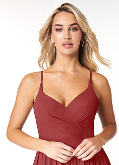 Azazie Dominic Bridesmaid Dresses Rust A-Line V-Neck Pleated Chiffon Dress image5