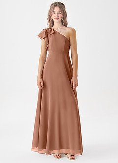 Azazie Arabella Junior Abito A-Line in Chiffon Increspato Bronzo image3
