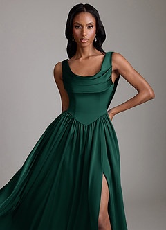 Azazie Novi Bridesmaid Dresses Emerald A-Line with Pockets Stretch Satin Dress image3