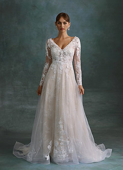 Azazie Leila Wedding Dresses Diamond White Champagne A-Line V-Neck Sequins Tulle Dress image5