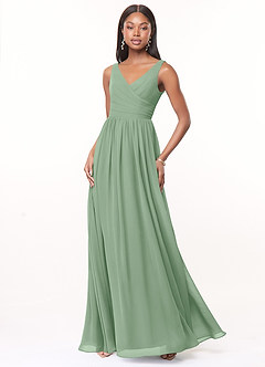 Azazie Keyla Vestidos de damas de honor Vestido Matcha de Gasa de Línea A con Cuello en V Plisado image1