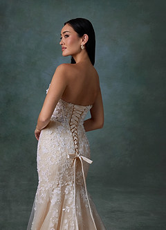 Azazie Chelley At-home Try On Dresses Diamond White Champagne Mermaid Strapless Tulle Dress image6