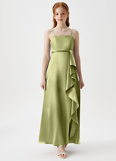 Azazie Kaylee Junior A-Linie Gürtel/Schärpe Metallischer Satin Kleid Pistazie image4