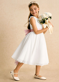 Azazie Dani Abiti da Ragazza di Fiori Abito A-Line in Chiffon Fiocco Avorio Rosa Cipria image3