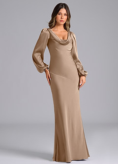 Azazie Rylina Bridesmaid Dresses Taupe Mermaid Long Sleeve Stretch Satin Dress image4
