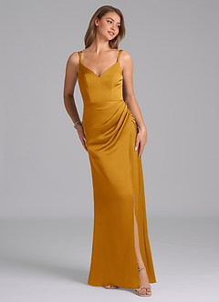 Azazie Leo Vestidos de damas de honor Vestido de Caramelo de Satén Elástico de Corte Recto con Plisado image4