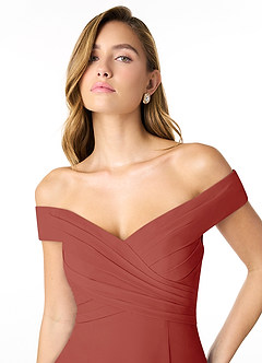 Azazie Lecia Bridesmaid Dresses Terracotta Empire Off-The-Shoulder Pleated Chiffon Convertible Dress image6