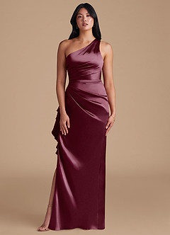 Azazie Latrice Vestidos de damas de honor Vestido de Cabernet de Satén Metálico de Corte Recto con Hombro unilateral image2