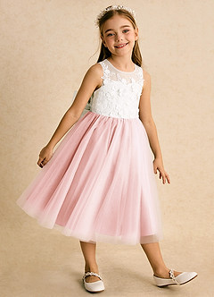Azazie Lina Flower Girl Dresses Ivory Blushing Pink Ball-Gown Lace Dress image4