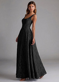 Azazie Amalie At-home Try On Dresses Black A-Line Pleated Floral Burnout Dress image3