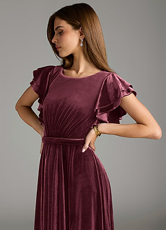 Azazie Daphne Modest Bridesmaid Dresses A-Line Velvet Floor-Length Dress with Belt image2