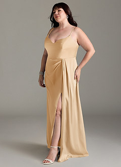 Azazie Brielle Bridesmaid Dresses Gold A-Line Cowl Spaghetti Straps Stretch Satin Dress image10