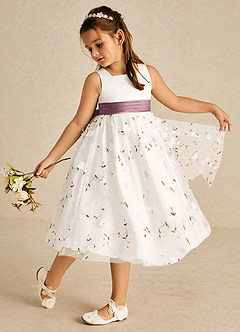 Azazie Pollie Flower Girl Dresses Ivory Vintage Mauve A-Line Bow Tulle Dress image1