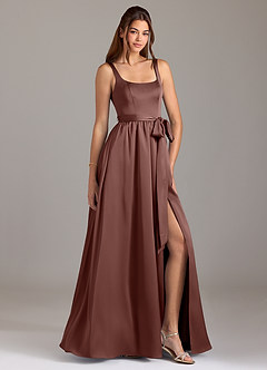 Azazie Elliott Bridesmaid Dresses Espresso A-Line with Pockets Stretch Satin Dress image1