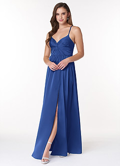 Azazie Raya Bridesmaid Dresses Royal Blue A-Line V-Neck Pleated Stretch Satin Dress image3