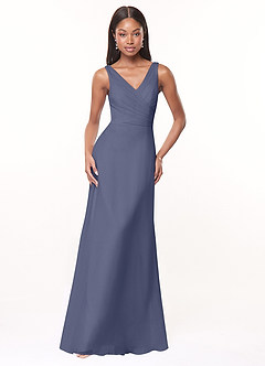 Azazie Nala Robes de demoiselle d'honneur Robe Trapèze en Mousseline de soie Plissée Bleu Orageux image1