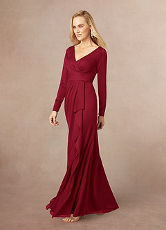 Azazie Risa Mother of the Bride Dresses Burgundy Mermaid V-Neck Pleated Mesh Dress image2