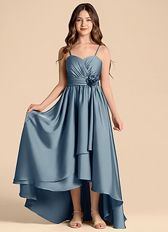 Azazie Catalina Junior Jurk van Stretch Satijn met A-Lijn Sweetheart Halslijn Stoffig Blauw image5