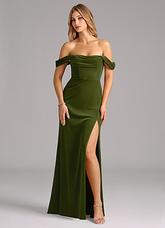Azazie Saige Bridesmaid Dresses Olive Sheath Off the Shoulder Velvet Convertible Dress image1