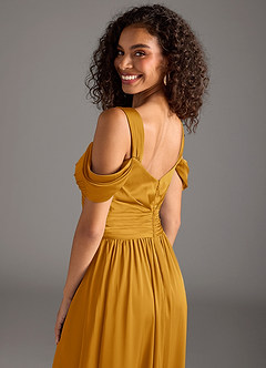 Azazie Lianne Bridesmaid Dresses Butterscotch A-Line Off the Shoulder Stretch Satin Dress image4