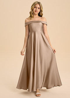 Azazie Sissy Junior Abito A-Line in Raso Elasticizzato a Spalla Scoperta Taupe image4