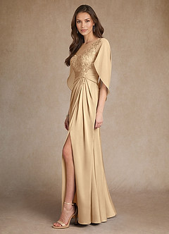 Azazie Hera Mother of the Bride Dresses Champagne A-Line Lace Stretch Satin Dress image2
