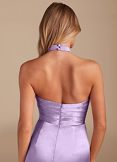Azazie Jemma Bridesmaid Dresses Lilac Sheath Pleated Metallic Satin Dress image2