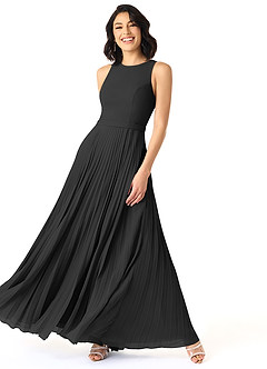 Azazie Lindie Bridesmaid Dresses Black A-Line Scoop Pleated Chiffon Dress image3