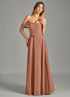 Azazie Chelsey Abiti da Damigella Abito Convertibile A-Line in Chiffon a Spalla Scoperta Bronzo image4