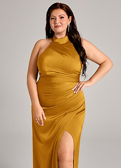 Azazie Jemma Bridesmaid Dresses Butterscotch Sheath Pleated Stretch Satin Dress image8