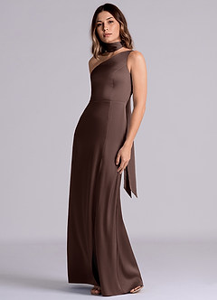 Azazie Philana Final Sale Ganache A-Line One Shoulder Stretch Satin Dress image11