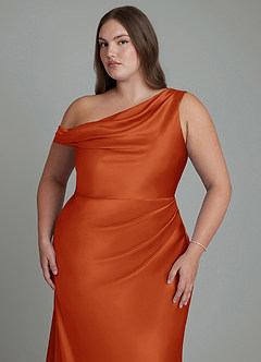 Azazie Emerson Bridesmaid Dresses Paprika Mermaid Off the Shoulder Metallic Satin Dress image5