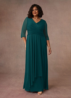 Azazie Annetta Mother of the Bride Dresses Peacock A-Line V-Neck Pleated Mesh Dress image8