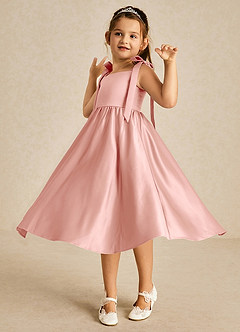 Azazie Chelsie Blumenmädchenkleider A-Linie Schleifen Matte Satin Kleid Rosettenrosa image3