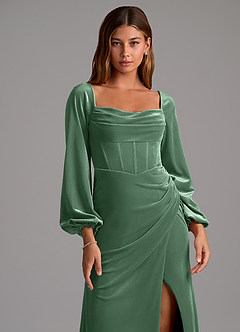 Azazie Charissa Bridesmaid Dresses Eucalyptus Sheath Long Sleeve Velvet Dress image6
