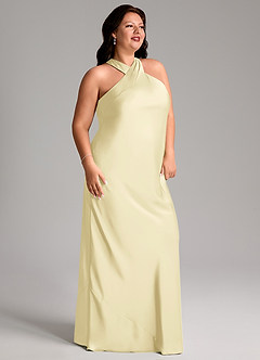 Azazie Doretta Bridesmaid Dresses Lemon Sorbet Mermaid Pleated Stretch Satin Dress image9