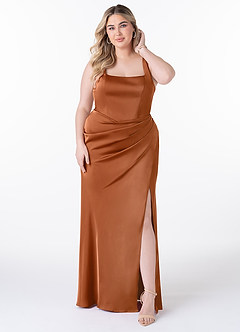 Azazie Mero Bridesmaid Dresses Copper Sheath Pleated Stretch Satin Dress image6