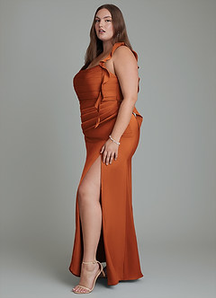 Azazie Jessamine Bridesmaid Dresses Cinnamon Sheath Corset Stretch Satin Dress image13