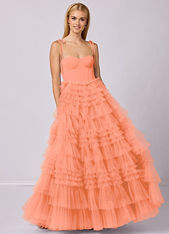 Barbie ♥ Azazie Robes de demoiselle d'honneur Robe Trapèze en Tulle Encolure en Forme de Cœur Coucher De Soleil image4