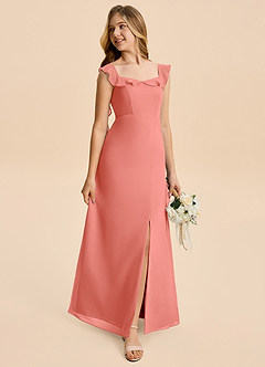 Azazie Cindy Junior Salmon Pink A-Line Ruched Chiffon Dress image4