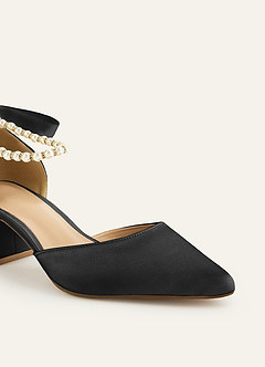 front Matching Color Matte Satin Pearl and Bow Pointed Toe Block Heels