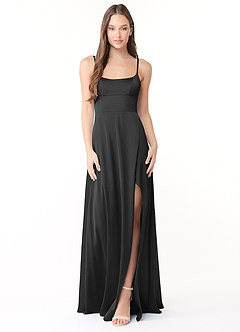 Azazie Halsey Probar vestidos en casa Vestido de Negro de Satén Elástico de Corte Recto con Corte Lateral image1
