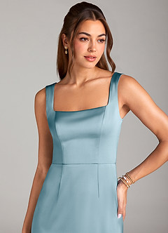 Azazie Flori Bridesmaid Dresses Moody Blue Sheath Side Slit Stretch Satin Dress image5
