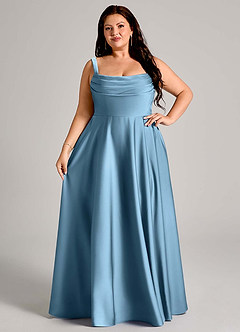 Azazie Shaude Bridesmaid Dresses Steel Blue A-Line Pleated Stretch Satin Dress image5