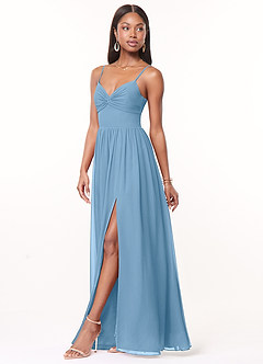 Azazie Zeya Brautjungfernkleider A-Linie V-Hals Gefaltet Chiffon Kleid Stahlblau image4