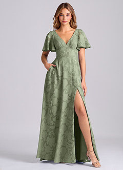 Azazie Kimber Bridesmaid Dresses Pistachio A-Line with Pockets Floral Burnout Dress image1